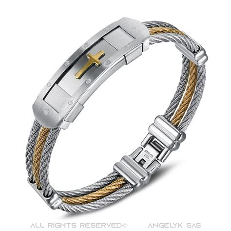 Bracelet Cable En Acier Pour Homme Croix Or Argent 19cm