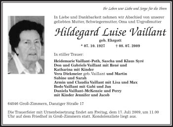 Traueranzeigen Von Hildegard Luise Vaillant Trauer Op Online De