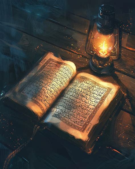 An Open Quran with Arabic Calligraphy Illuminated by the Light of a ...