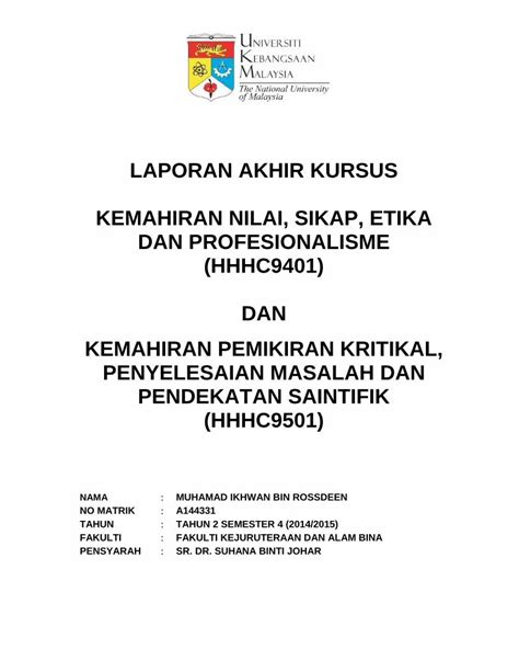 Pdf Laporan Akhir Kursus Kemahiran Nilai Akhir Kursus Kemahiran