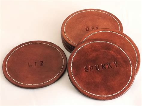 Personalized Leather Coaster Set Of 6 Brown With White Stitching