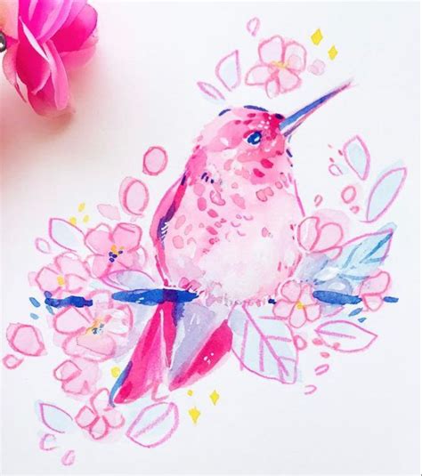 A Drawing Of A Pink Bird On A Branch With Flowers