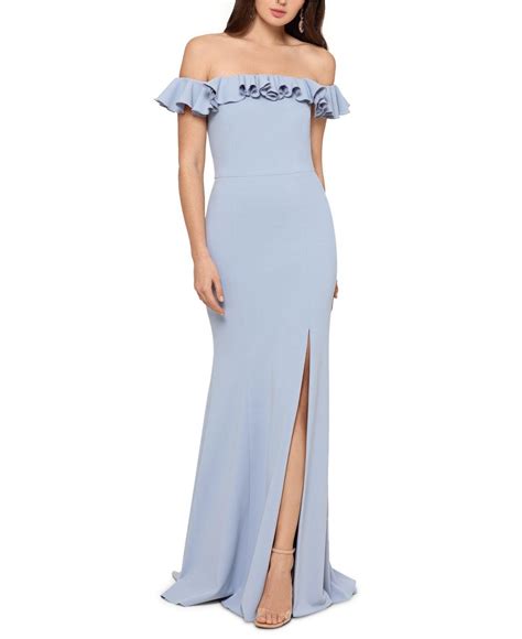 Xscape Synthetic Ruffled Off The Shoulder Gown In Sky Blue Blue Lyst