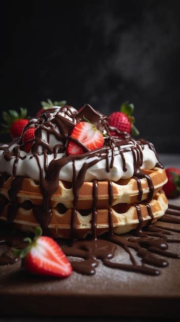 Premium Ai Image A Stack Of Waffles With Chocolate And Strawberries