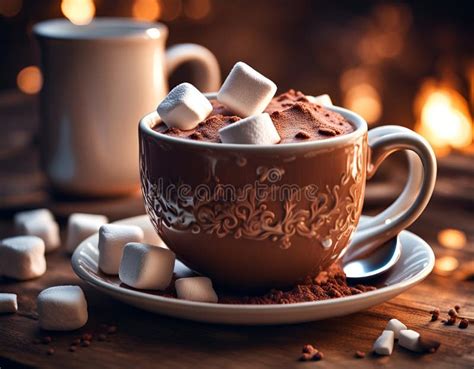 AI Generated Illustration Of A Steaming Mug Of Hot Chocolate With Marshmallows In A Teacup Stock