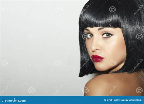 Beautiful Brunette Girl Healthy Black Hair Bob Haircut Red Lips