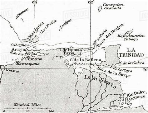 Map showing the Gulf of Paria or De La Ballena as Christopher Columbus ...