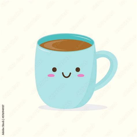 Happy Cute Smiling Funny Kawaii Cup Of Coffee Blue Kawaii Cup Emoji Isolated On A Light