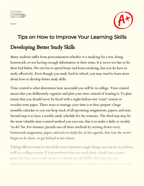 Tips On How To Improve Your Learning Skills [essay Example] 483 Words