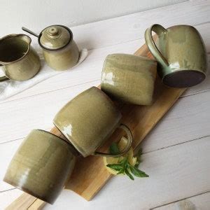 SET OF TWO Green Ceramic Mugs, 18 Fl Oz or 20 Fl Oz Green Pottery Mugs ...