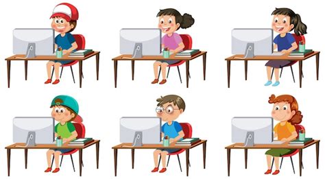 Conjunto de diferentes niños usando computadora Vector Premium