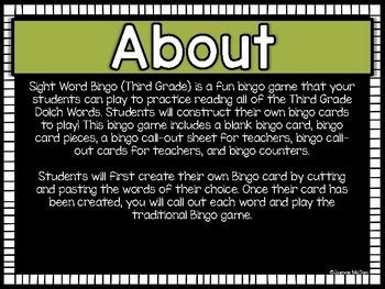 Sight Word Bingo Third Grade By Jasmine McClain TPT