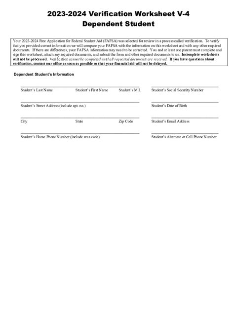 Fillable Online Verification Worksheet V Dependent Student