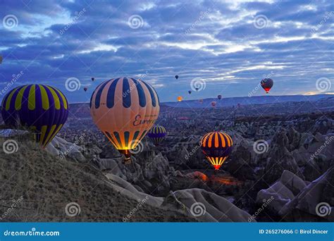 Hot Air Balloon Flying Over Spectacular Love Valley Cappadocia Stock