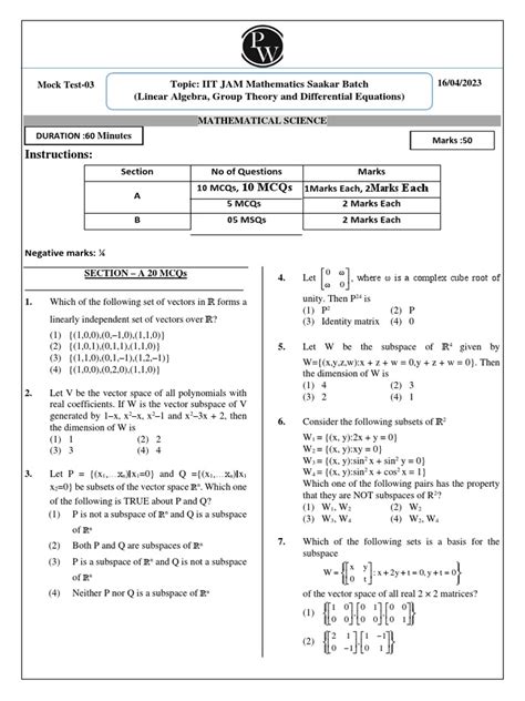 Practice Test 03 Test Paper Saakaar Batch For Iit Jam Mathematics