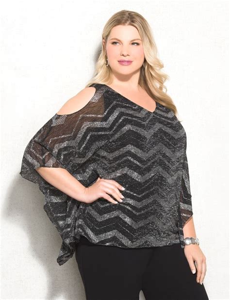 Dressbarn Roz Ali Plus Size Chevron Print Cold Shoulder Shimmer Blouse