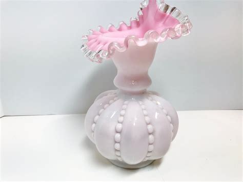 Gorgeous Pink Fenton Vase White Pink Ruffled Vase Silvercrest Fenton Vase Cased Glass Vase