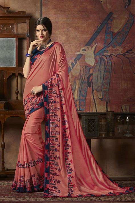 Vichitra Art Silk Embroidered Saree In Peach Art Silk Sarees Saree