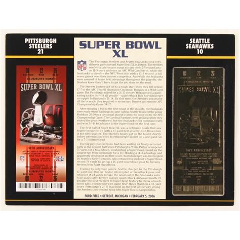 Commemorative Super Bowl XL Scorecard With 22kt Gold Ticket Pristine