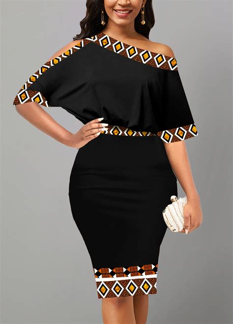 Rotita Asymmetry Tribal Print Black Boat Neck Bodycon Dress Rotita