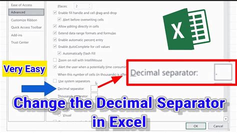 Change The Decimal Separator In Excel Youtube