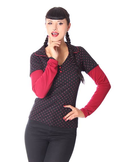 Joplin Er Retro Polka Dots Rockabilly V Neck Kragen Longsleeve V