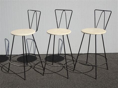 Set Of Three Vintage Mid Century Modern White Metal Bar Stools Barstools