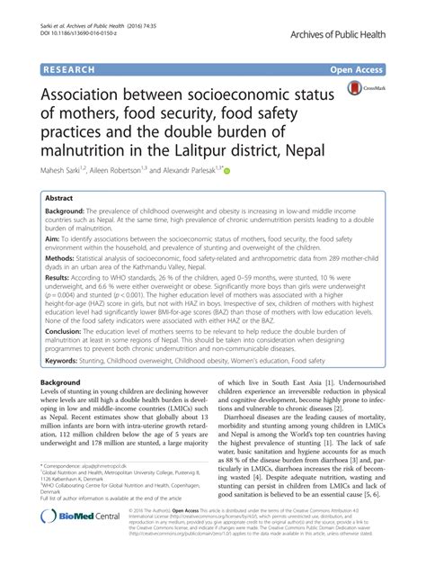 Pdf Association Between Socioeconomic Status Of Mothers Food