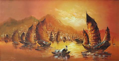 Lot Large Oriental Oil Painting Hong Kong Junk Scene