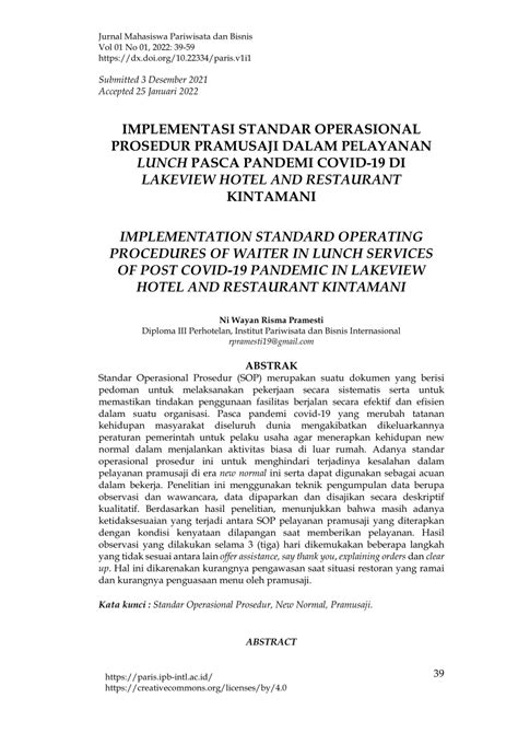 Pdf Implementasi Standar Operasional Prosedur Pramusaji Dalam