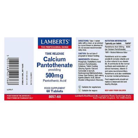 Calcium Pantothenate 500mg Time Release in 60tabs from Lamberts