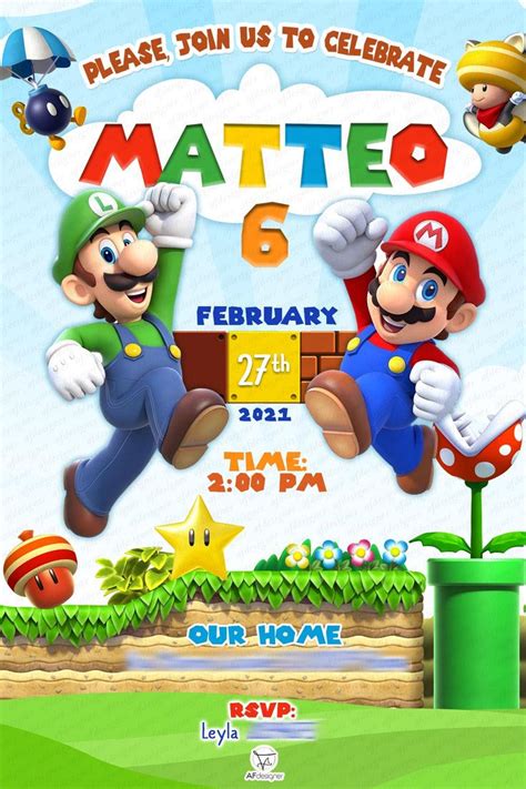 Digital Super Mario Bros Birthday Party Invitation Printable Birthday