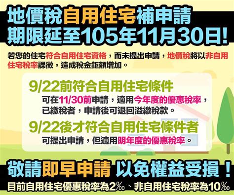 地價稅優惠稅率申請期限，原定9月22日截止的期限，將延後至11月30日。您的不動產專屬經紀人台中永慶小白 ☎ 0987 212 312 白倍誠~加倍誠心誠意 真誠、熱情、負責、態度