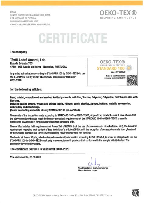 Certifica O Oeko Tex T Xtil Andr Amaral Lda