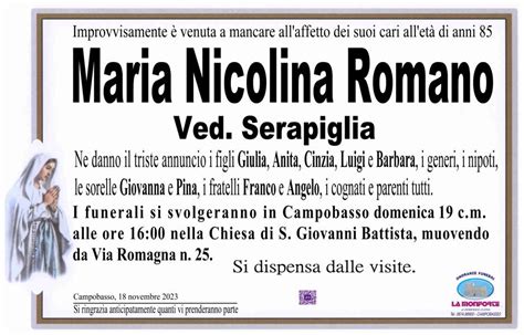 Funerali E Annunci Funebri A Campobasso Maria Nicolina Romano Funer24