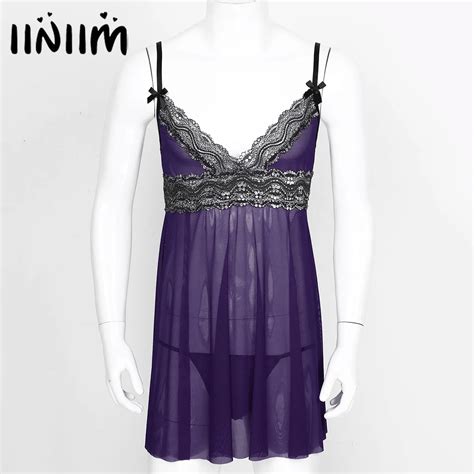 Mens Male Sissy Babydolls Sheer Lace Mesh Lingerie Nightwear Costumes Adjustable Spaghetti