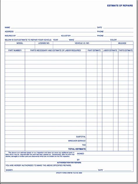 Repair Estimate Form Template Free Beautiful Free Printable Auto Body