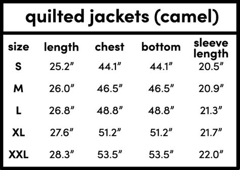 Quilted Jacket Camel Sizing Chart