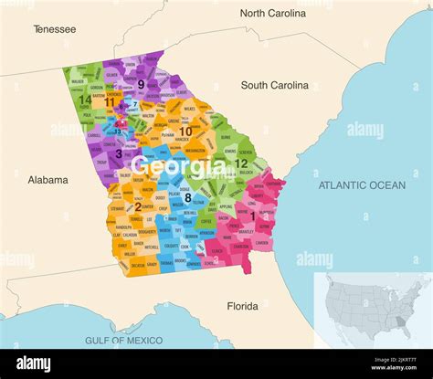 Georgia state counties colored by congressional districts vector map with neighbouring states ...