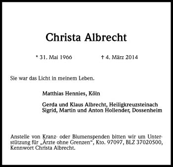 Traueranzeigen Von Christa Albrecht WirTrauern