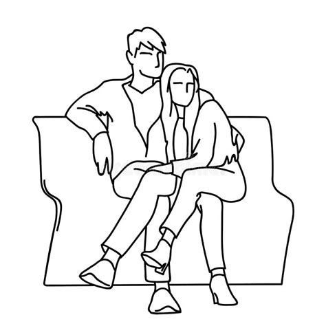 Couple Sitting On A Bench Vector Monochrome Illustration Of Young Man