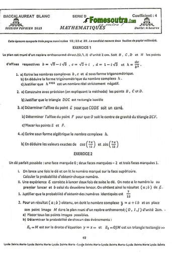 Sujet De Maths Bac Blanc S Rie D Lyc E Sainte Marie De Cocody