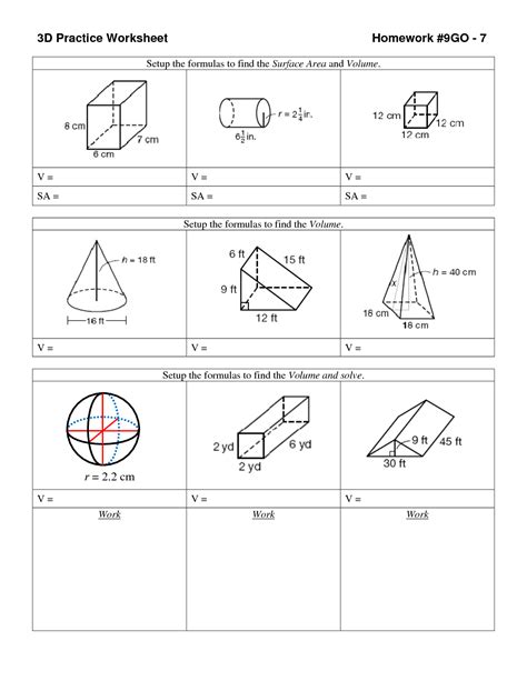 Volume And Surface Area Of 3d Shapes Worksheets