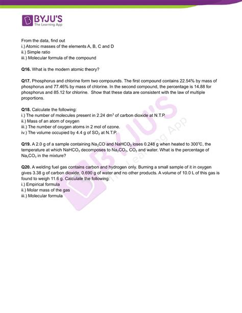 Class 11 Chemistry Worksheet On Chapter 1 Some Basic Concepts Of