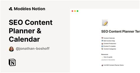 SEO Content Planner Calendar Modèle Notion