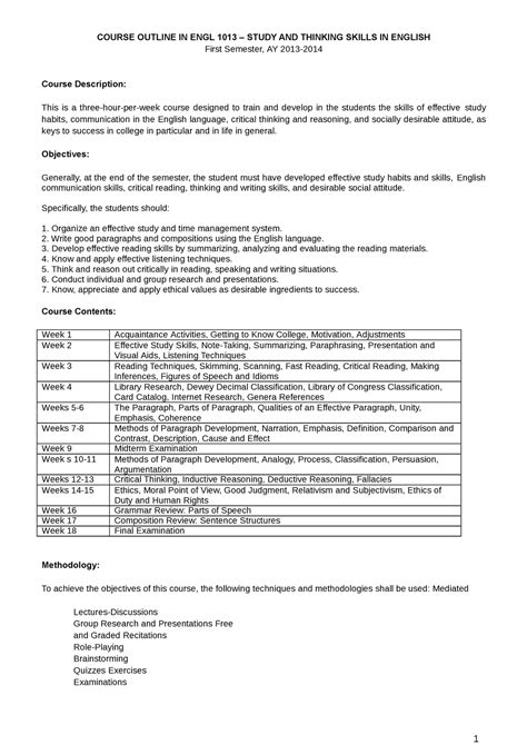 Syllabus In Study And Thinking Skills 1 COURSE OUTLINE IN ENGL 1013