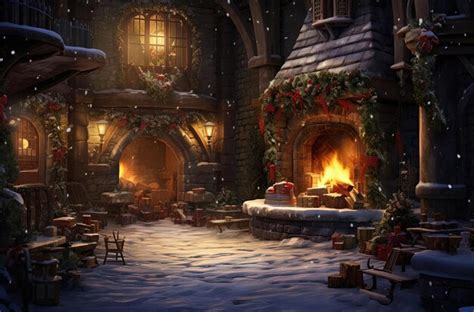 A christmas scene with an outside fireplace in the background | Premium AI-generated image