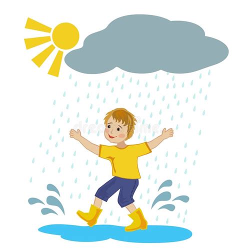 Boy Running In The Rain Puddles Stock Vector Illustration Of July