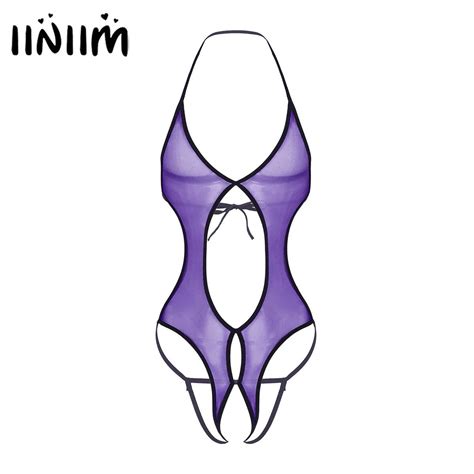 Iiniim Men Gay Male See Through Mesh Sexy Bodysuit Lace Up Crotchless