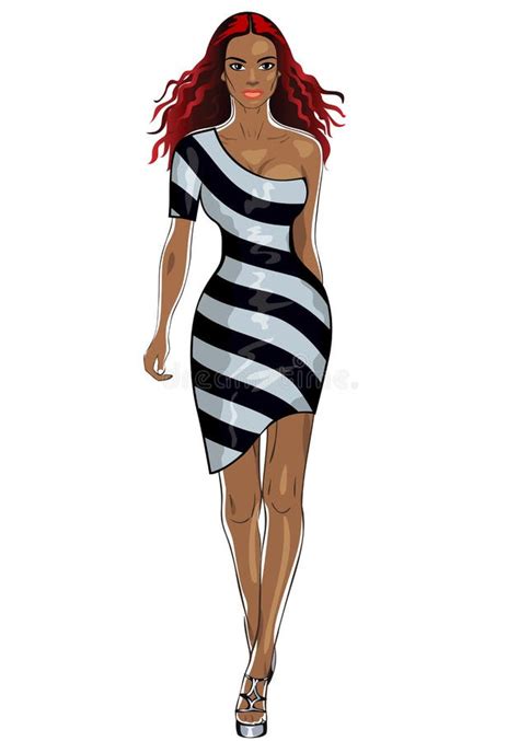 Vector Beautiful Black Girl In A Striped Dress Stock Vector Illustration Of Hair Pretty 20834658